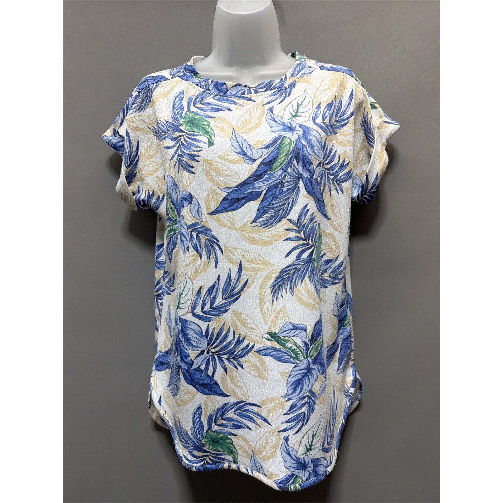 Cupio Women's Top Short Sleeve Slub Knit Blouse Blue White Floral Stretchy Small