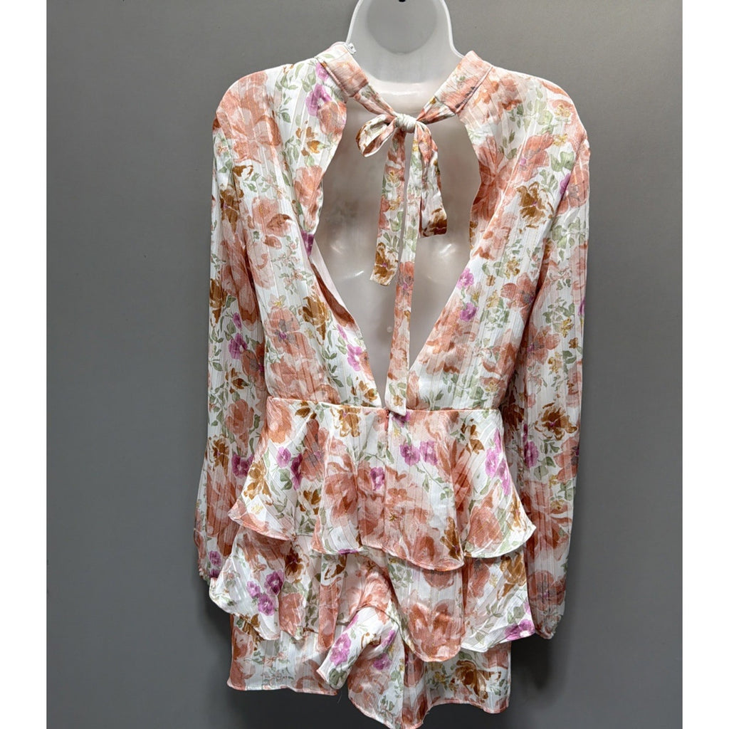 Endless Rose Watercolor Floral Long-Sleeve Chiffon Open Back Romper -S NWT
