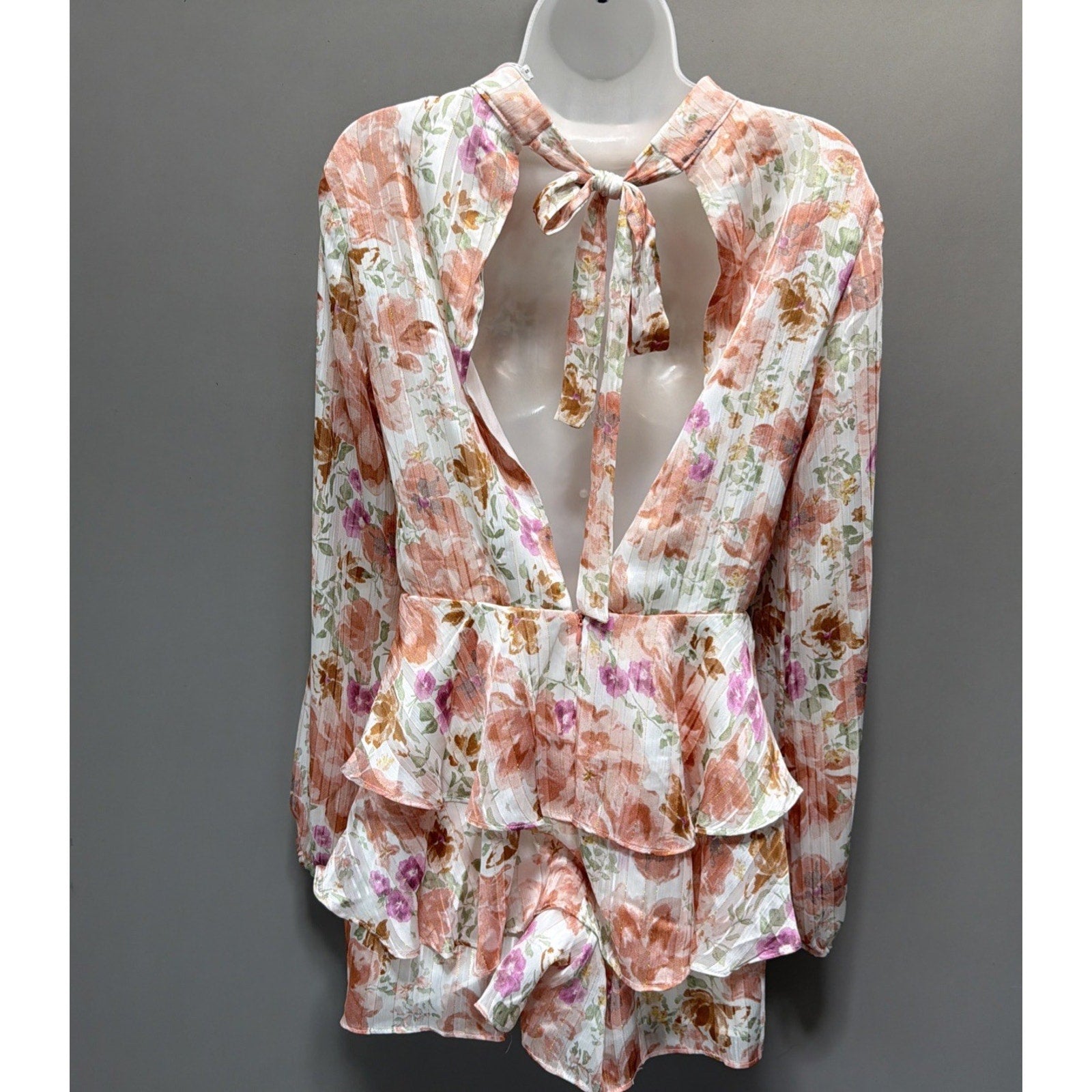 Endless Rose Watercolor Floral Long-Sleeve Chiffon Open Back Romper -S NWT