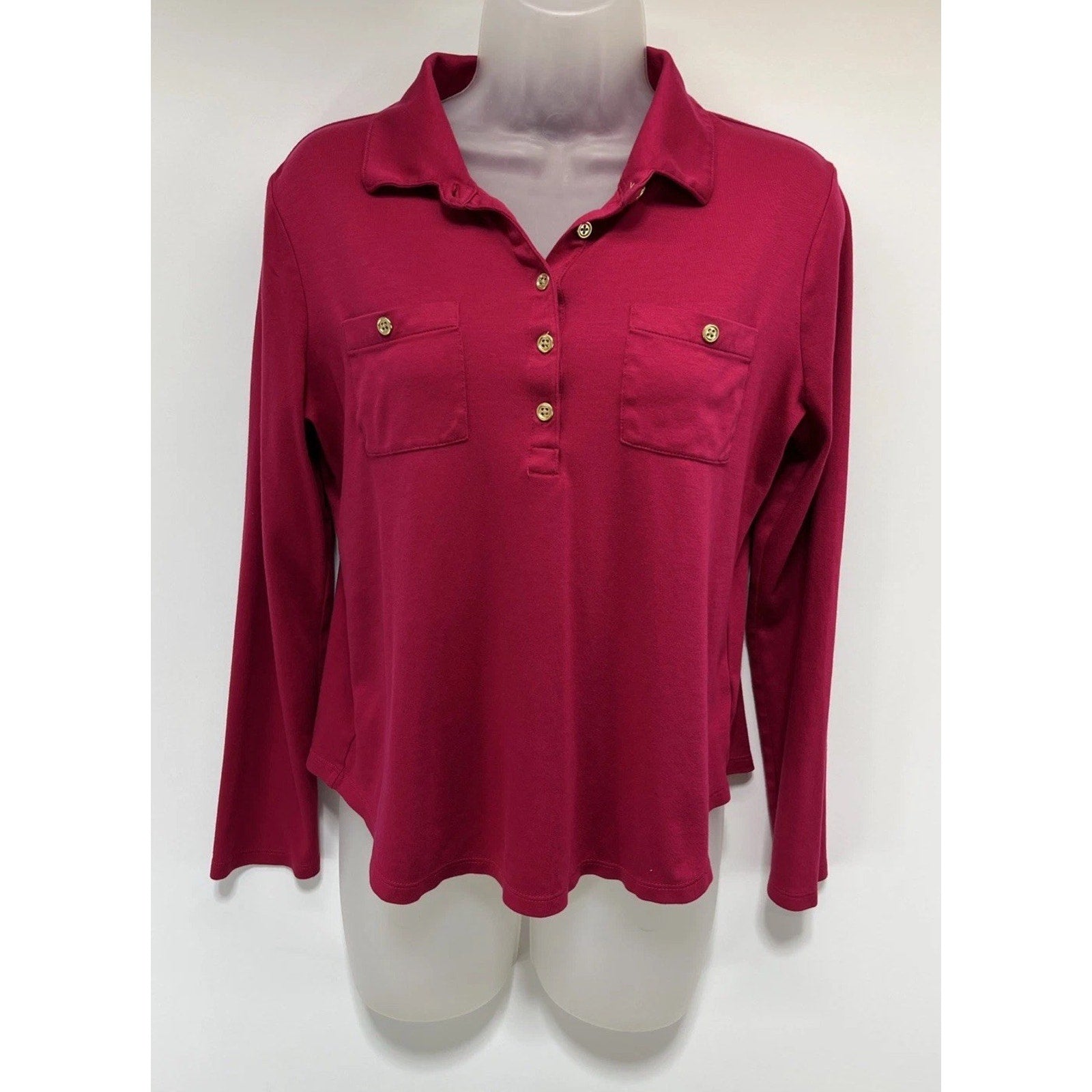 Womens Top Medium Petite Long Sleeve Pink Collared Magenta Pink Talbots