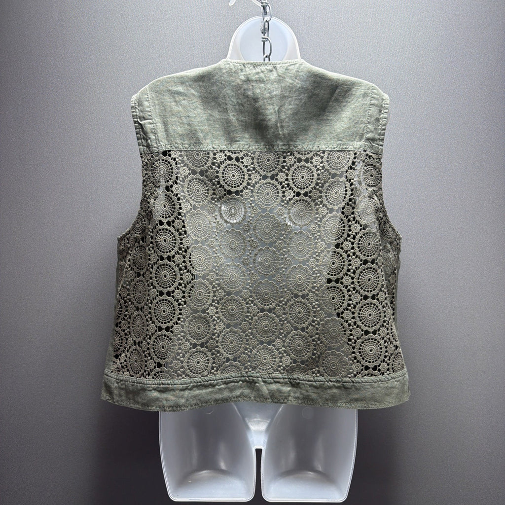 Chico's Linen Crochet Lace Back Vest 3 XL Olive Green Excellent Button Front