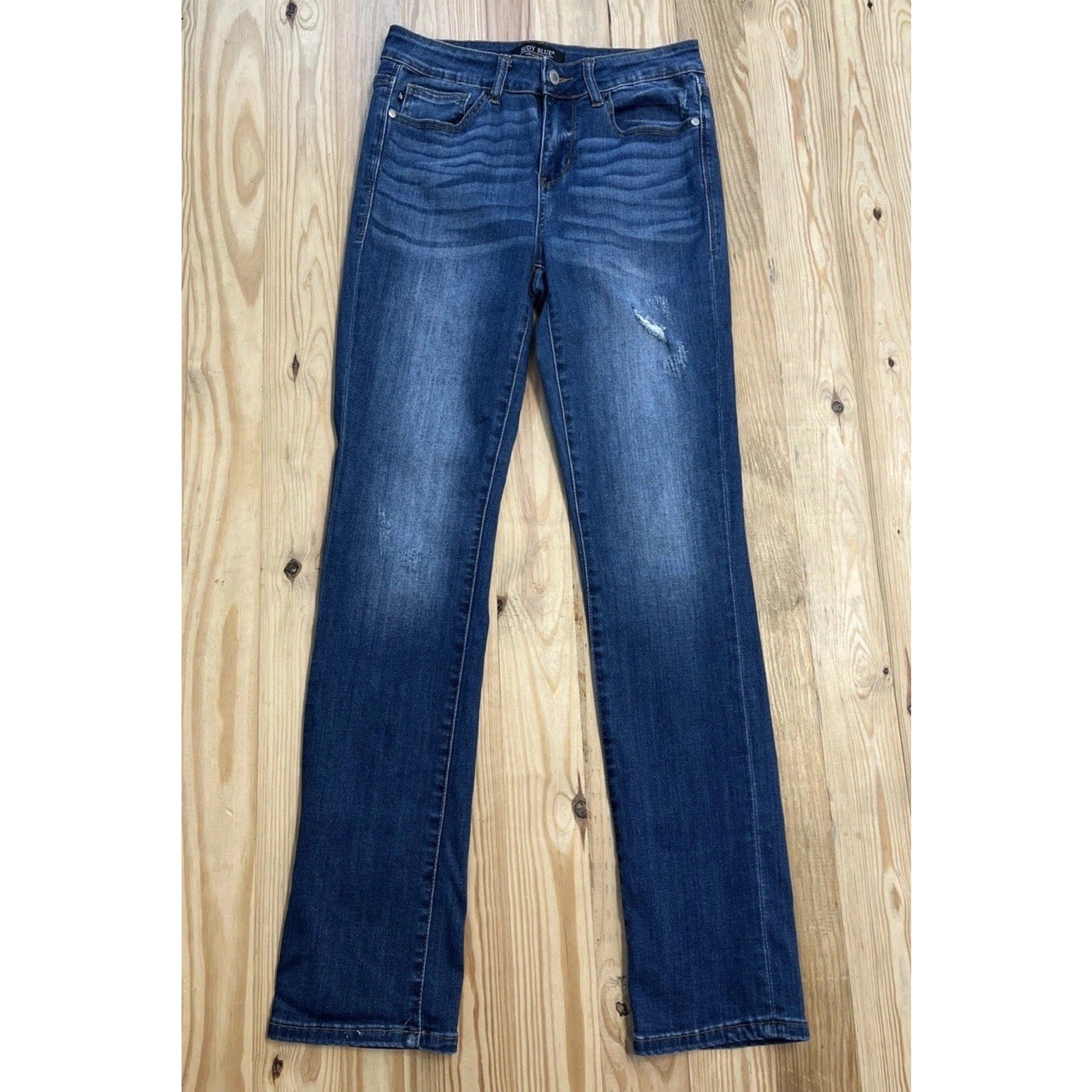JUDY BLUE STRAIGHT FIT Womens Sz 29 Dark Denim Distressed Stretch Jeans EXC