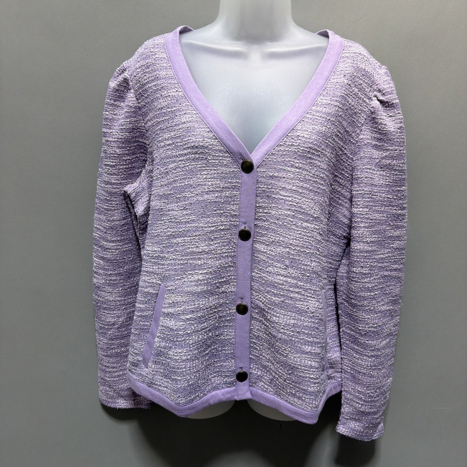 Maurices Womens Tweed Purple Button Knit Cotton Blend Casual Pockets Sweater XL