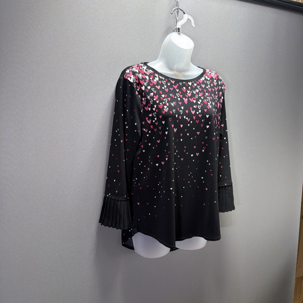 Elle Women's Blaxk Heart Print Scoop Neck 3/4 Bell Sleeve Blouse L Stretch NWT