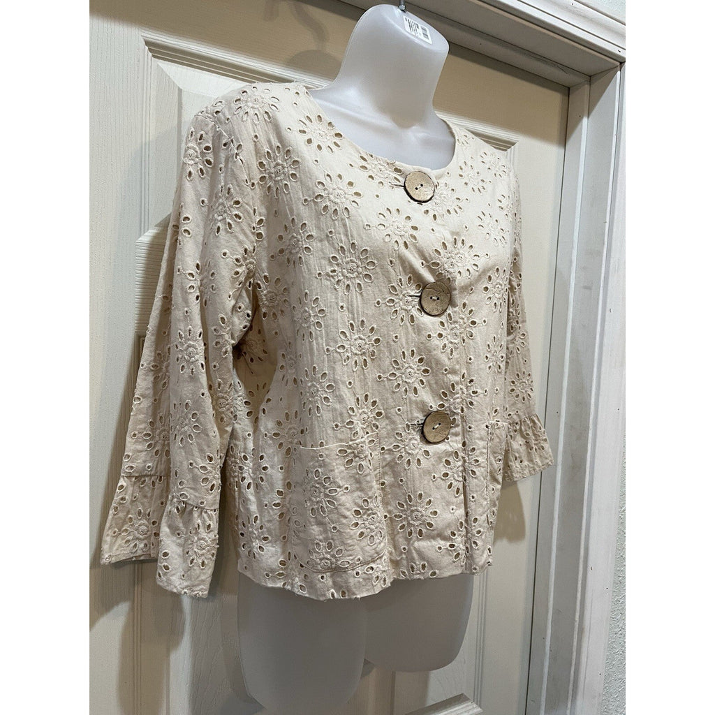 Ruby Rd. Women's 8, 100 % Cotton Lightweight Button Front Beige Ilet Blouse Boho