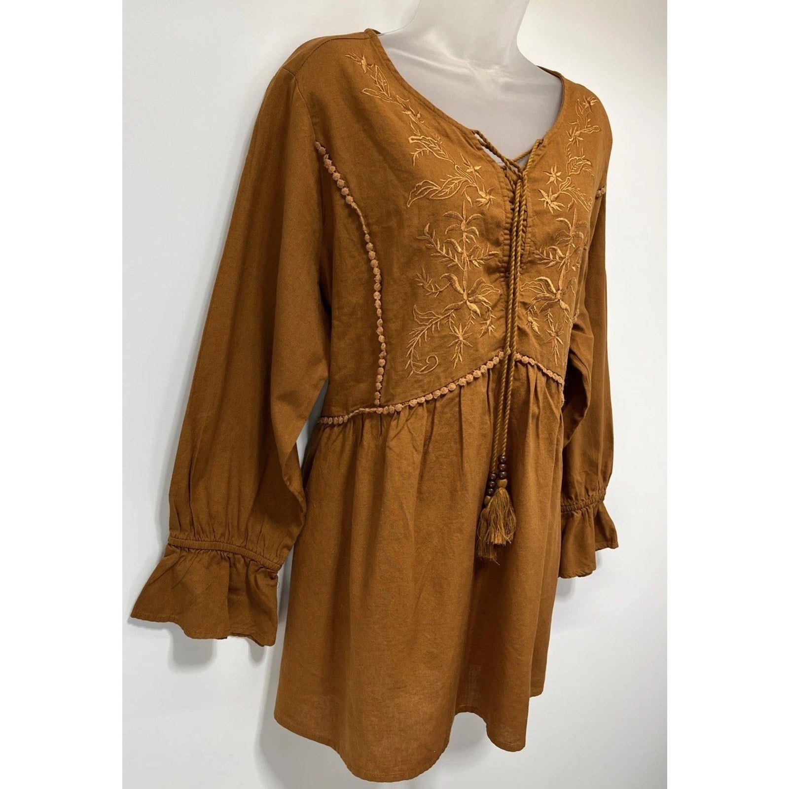 Tantrums Burnt Orange Embroidered Peasant Babydoll Linen Blend Tunic Top XXL