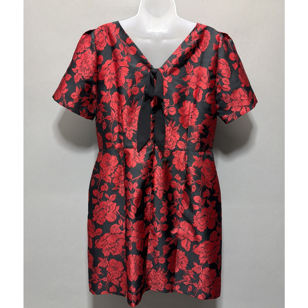 NWT Talbots Back Bow Floral Jacquard A-Line Dress Size 14P Red Black Msrp 179$