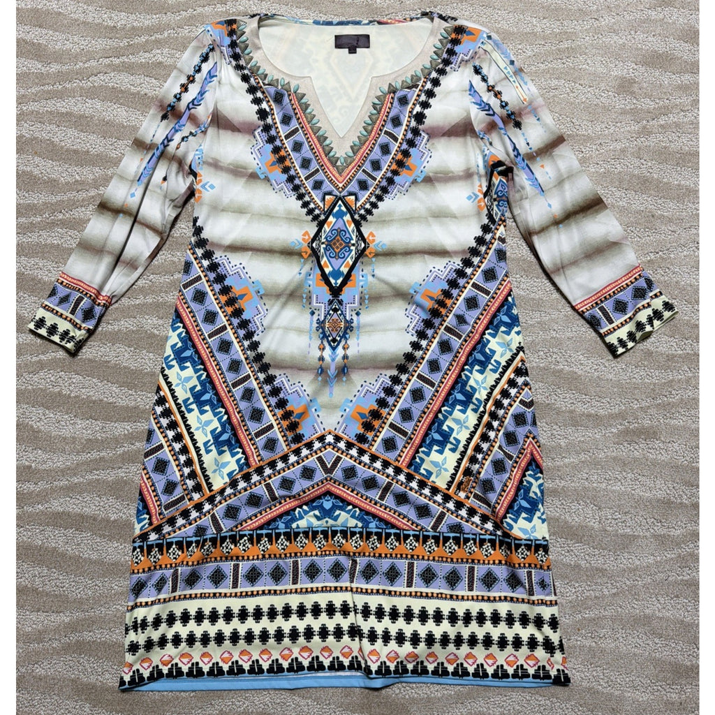 Hale Bob V-Neck Long Sleeve Dress Stretch Knee Length Beaded Multicolor Large