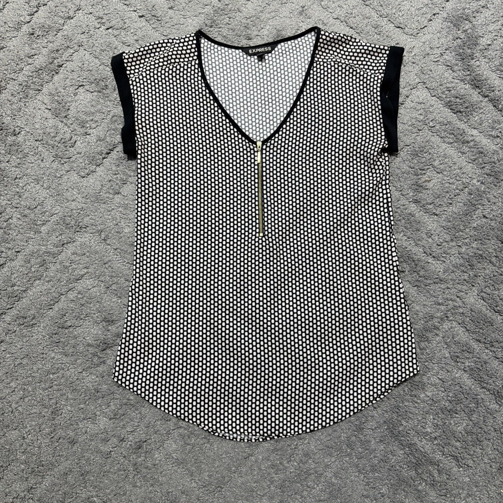 Express Top blouse shirt Black White Geometric Design Short Sleeve Zip Front XS