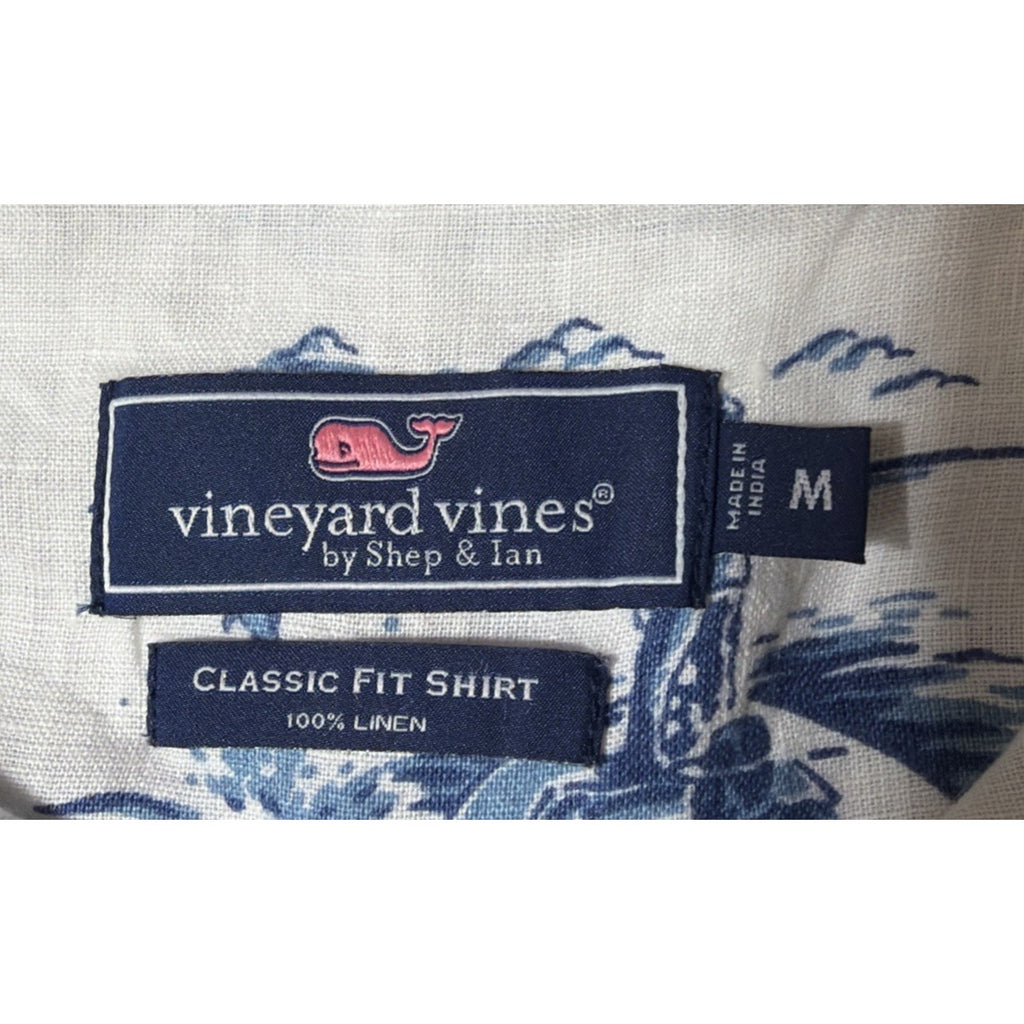 Vineyard Vines Shirt Mens M White 100% Linen Short Sleeve Casual Camp Fish Hunt