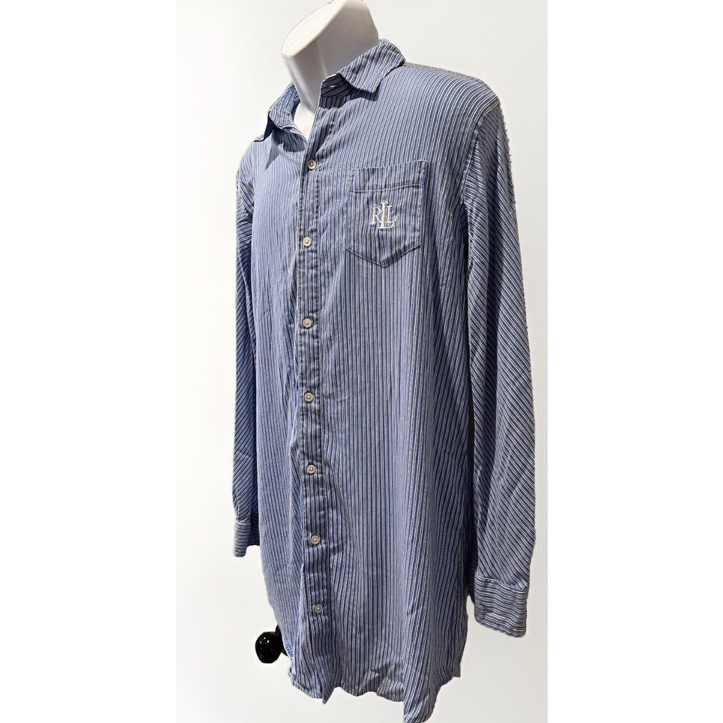 Ralph Lauren Blue Striped Men's M RLL Logo Long Sleeve Button Sleep Shirt