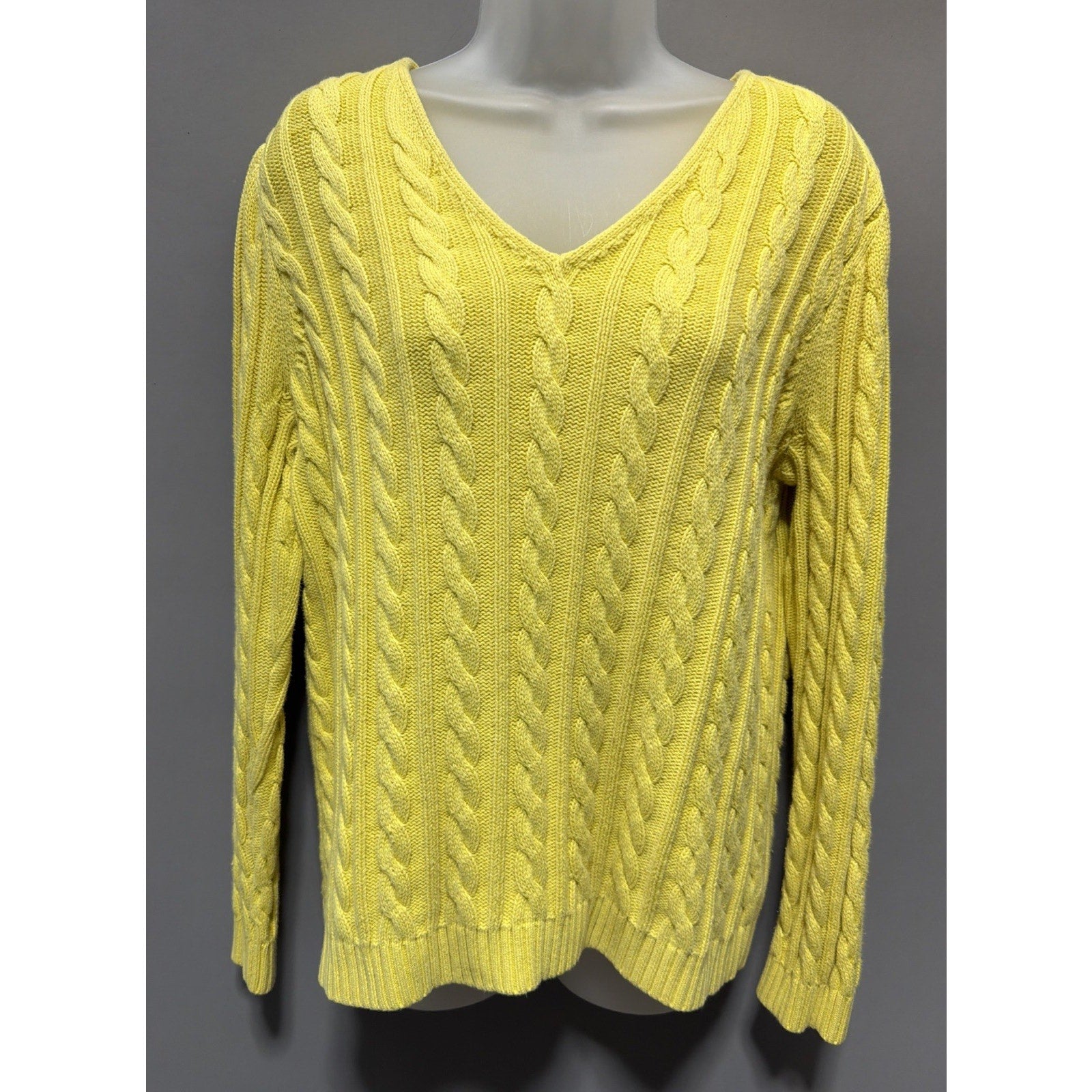 Vtg 90s Lauren Ralph Lauren Women's Lemon Yellow V-Neck Cable Knit Sweater 1X
