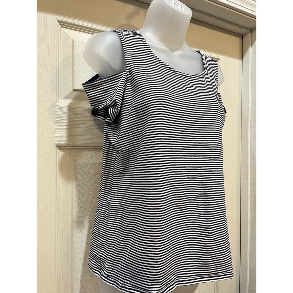 Michael Kors Cold Shoulder Striped Tee Shirt Top Women's Size Large Navy White