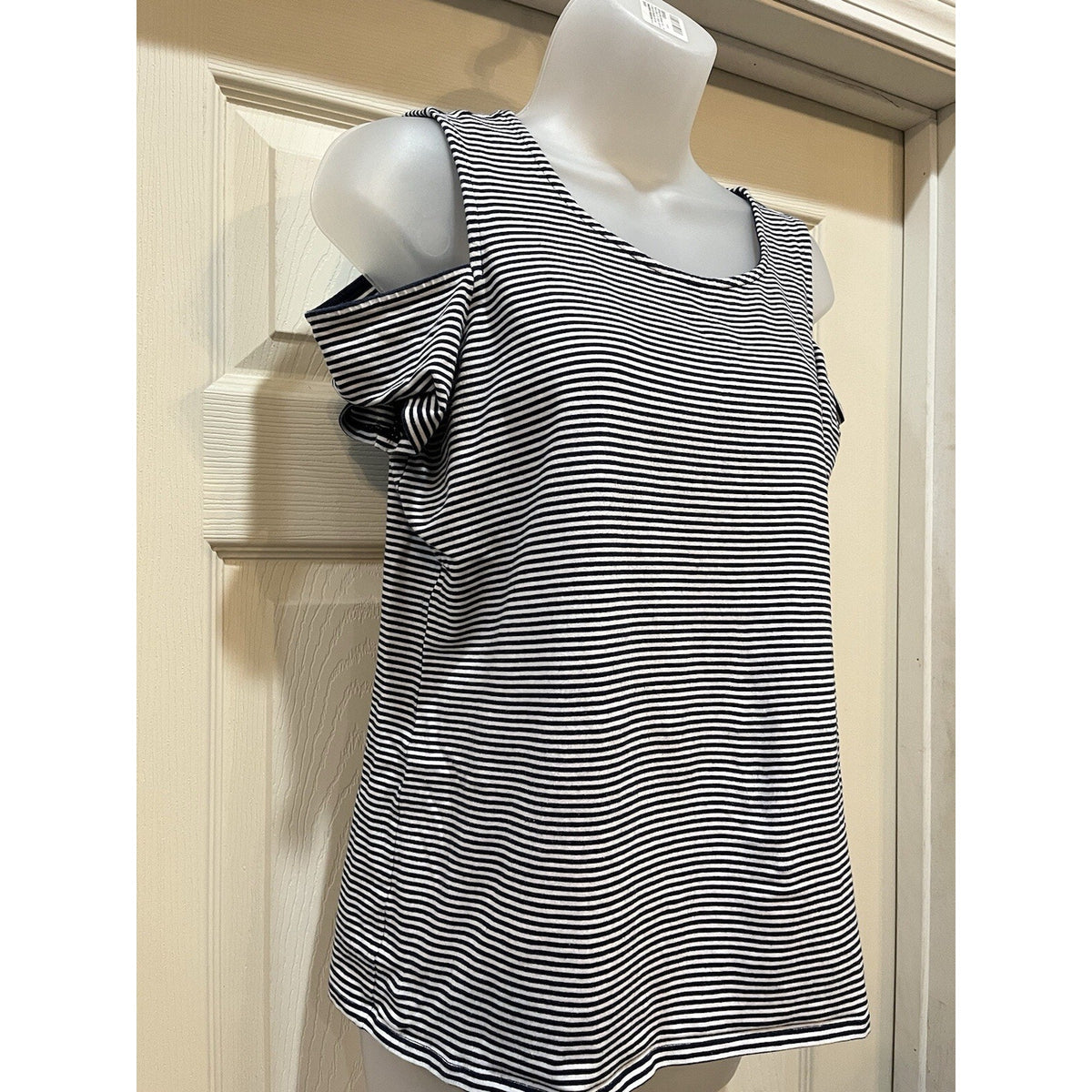 Michael Kors Cold Shoulder Striped Tee Shirt Top Women's Size Large Navy White