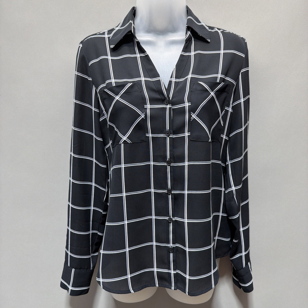 Express Roll Sleeve Button Down Boyfriend Shirt, Black Plaid, Size XS