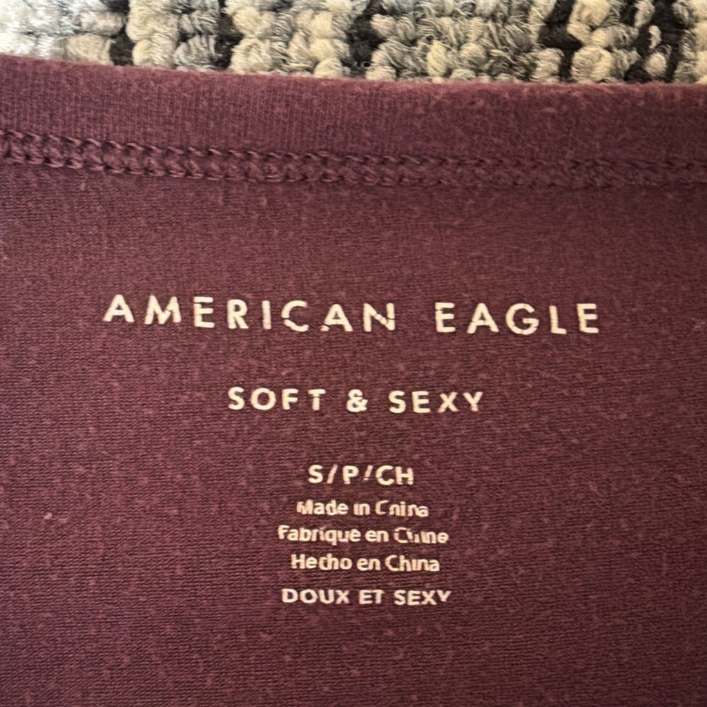 American Eagle Soft Sexy S Emroidered Shirt Short Sleeve Burgandy Boho Gypsy Y2k