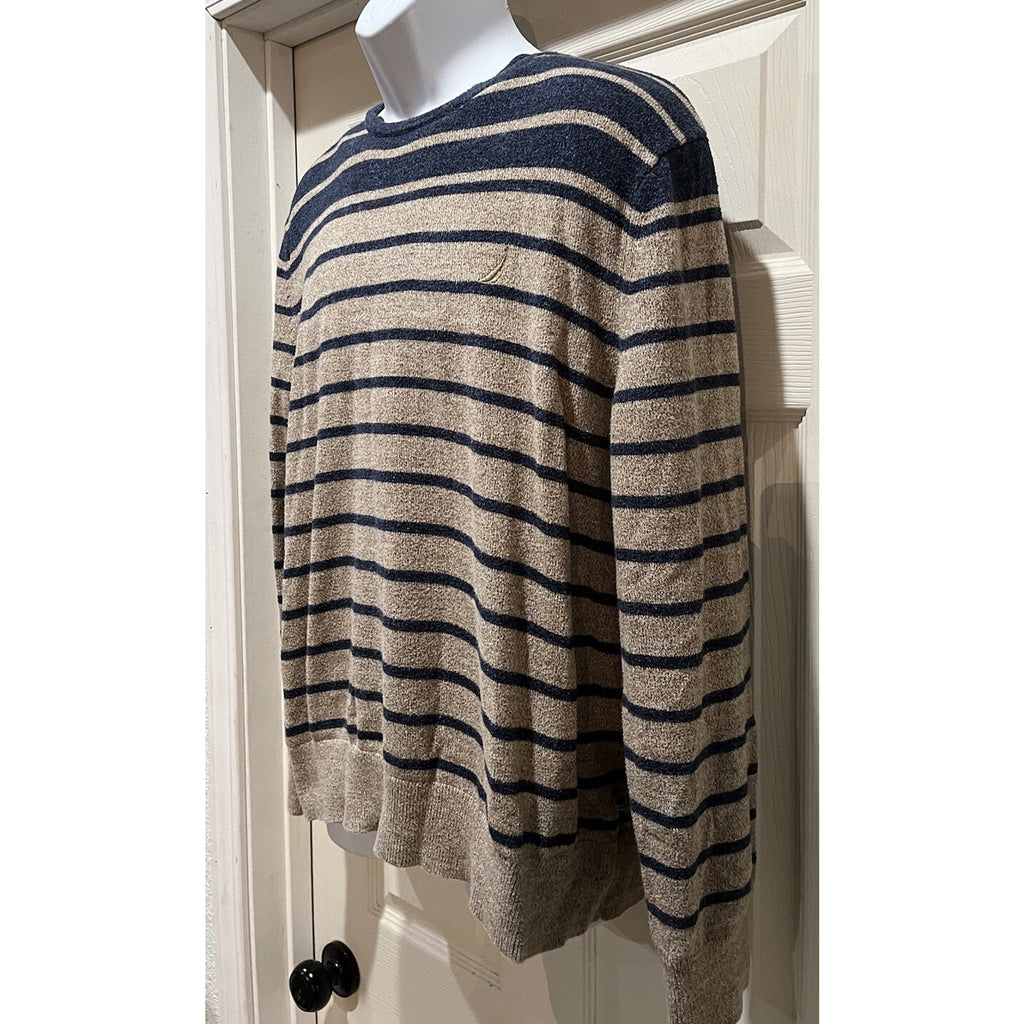 Nautica Men’s Standard long Sleeve Stripped Sweater Woodrift Flax L EUC