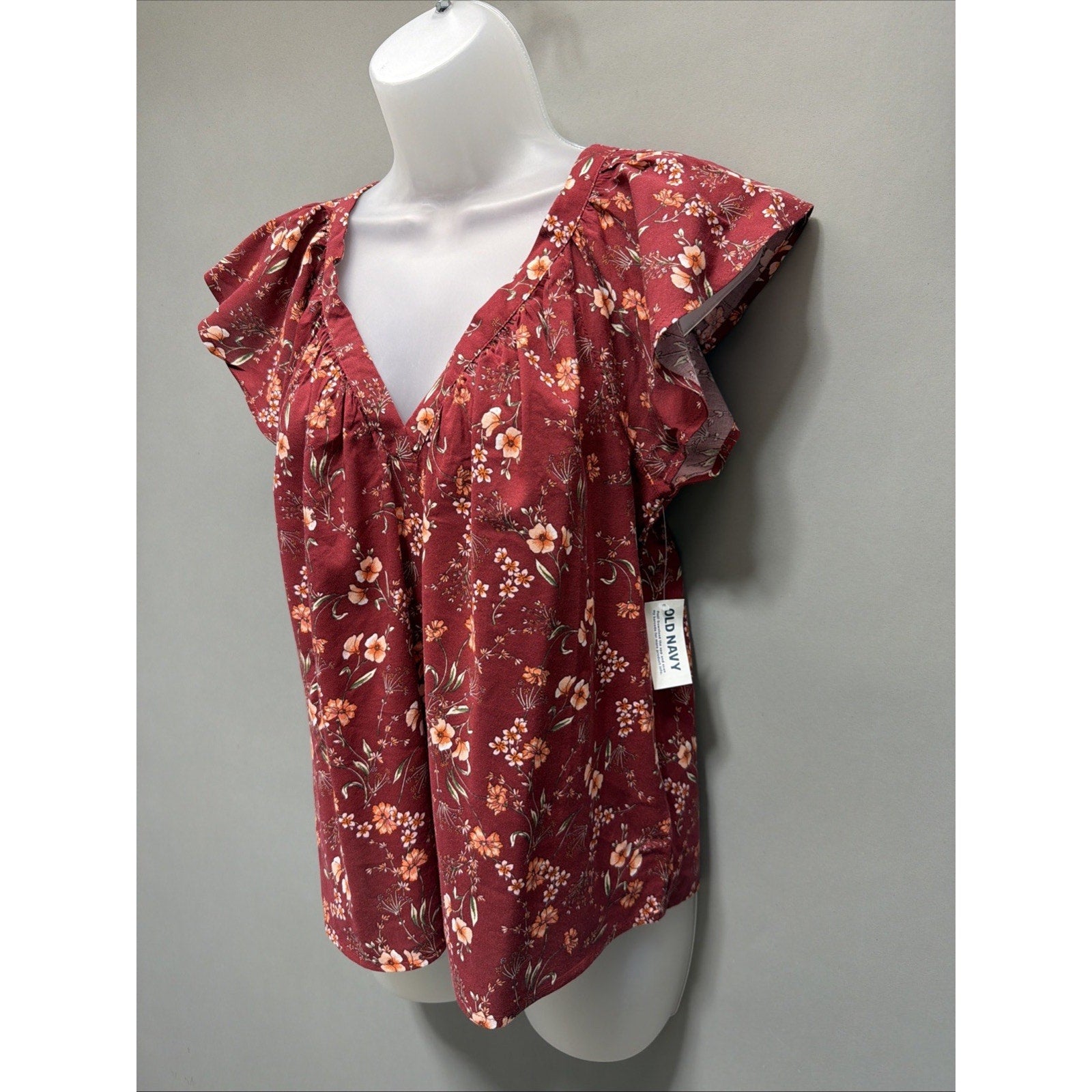 OLD NAVY Flutter-Sleeve Floral-Print Swing Cottagecore Blouse-Red Floral-S New