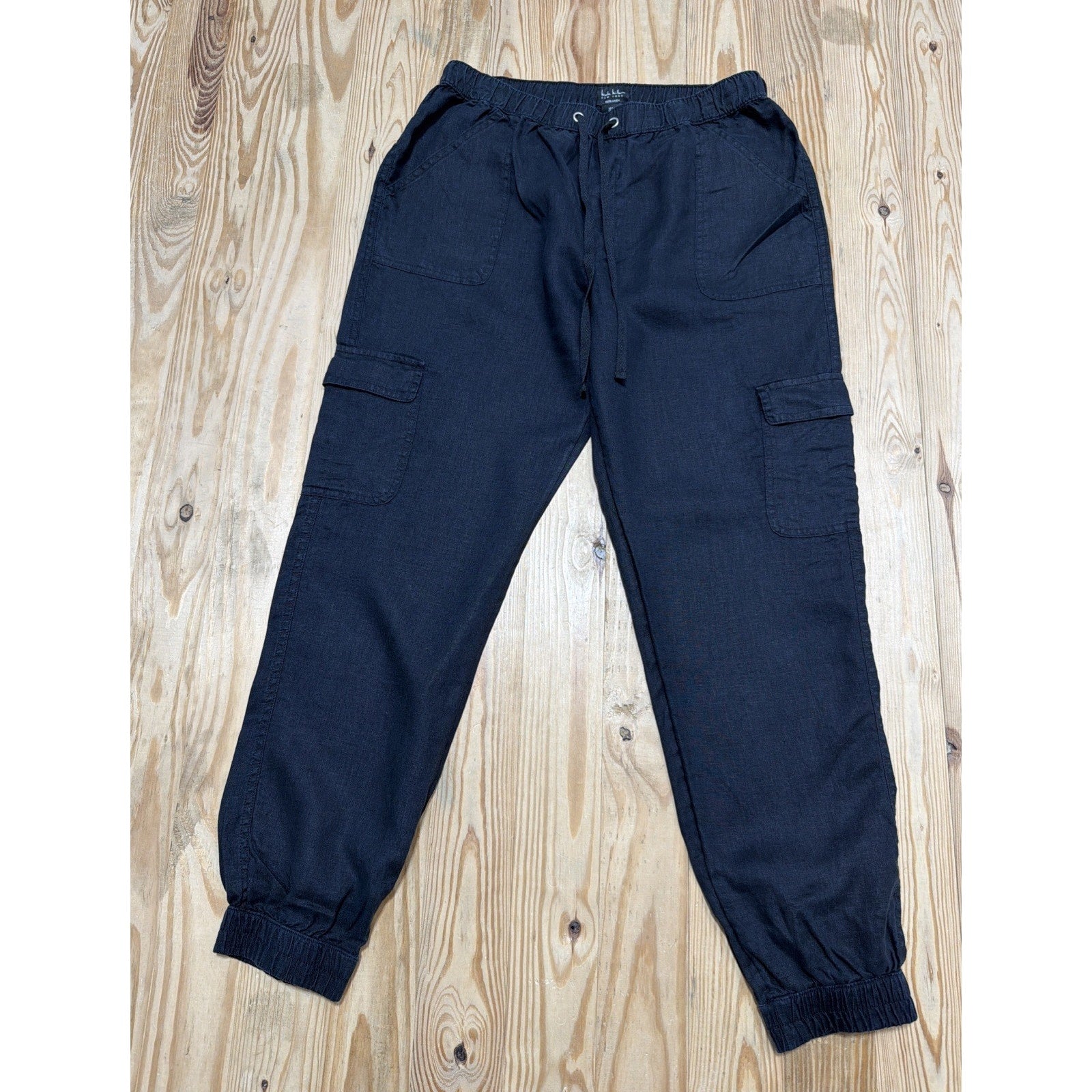 Nicole Miller Ladies Cargo Black Linen Jogger Pants - Size Large