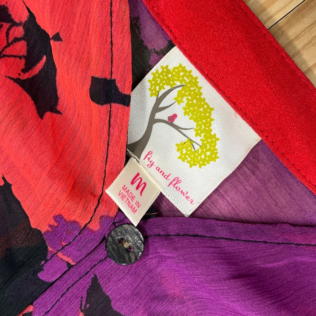 Fig & Flower Top Size M Purple Red Colorful Tie Front Sheer Popover Shirt
