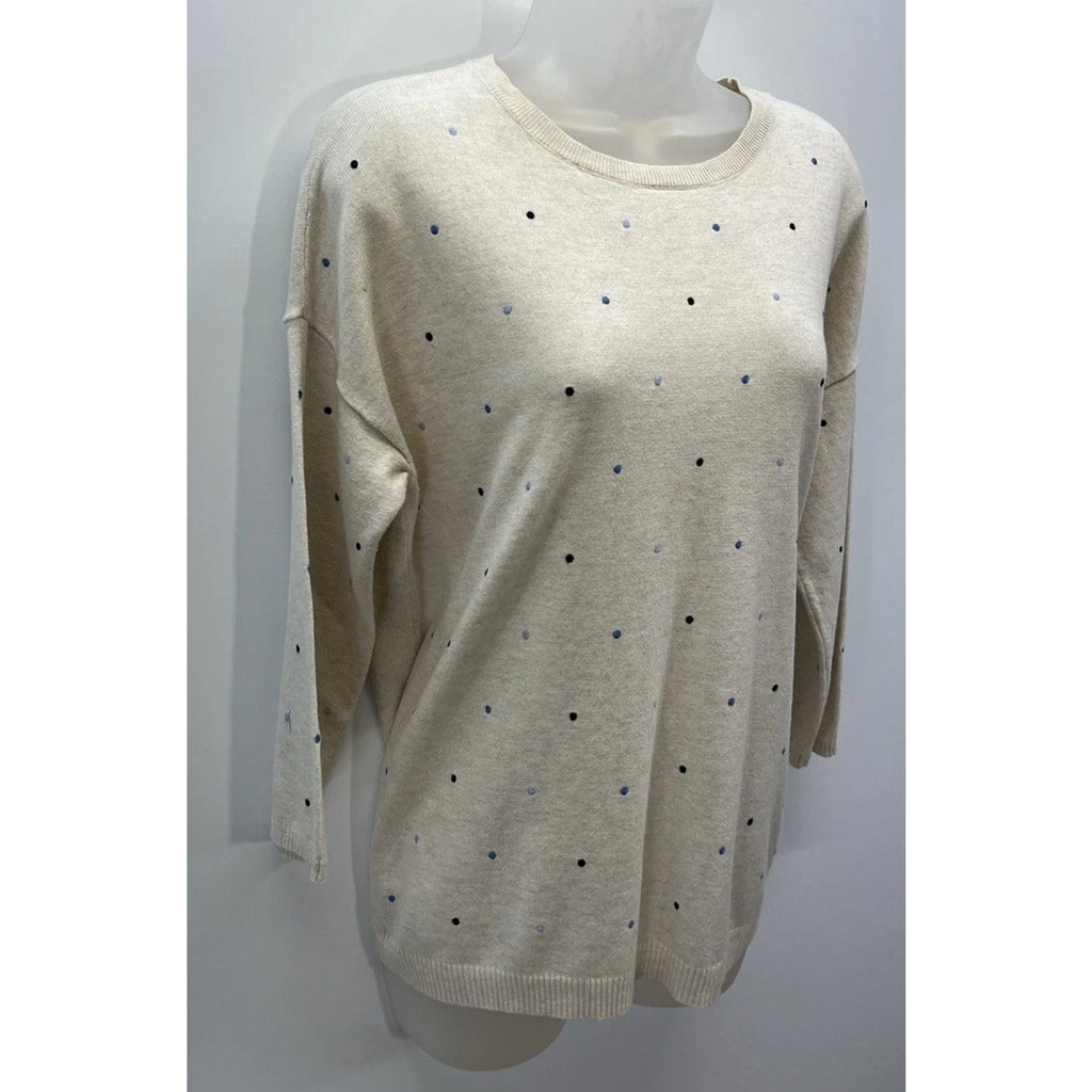 J.Jill Women's M Ivory Blue Embroidered Polka Dot Pullover Sweater 3/4 Sleeves