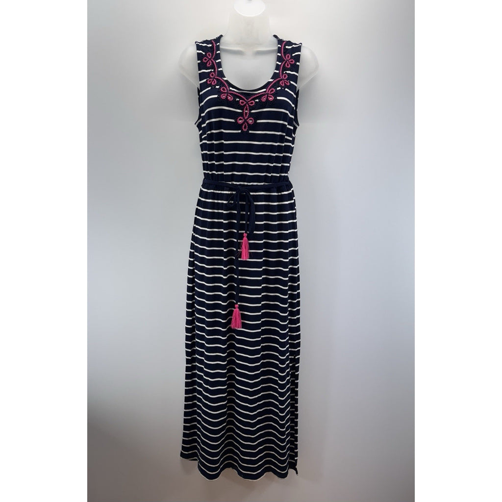 Talbots Maxi Dress Embroidered Navy White Striped Pink Tassel Belt Size M NWT