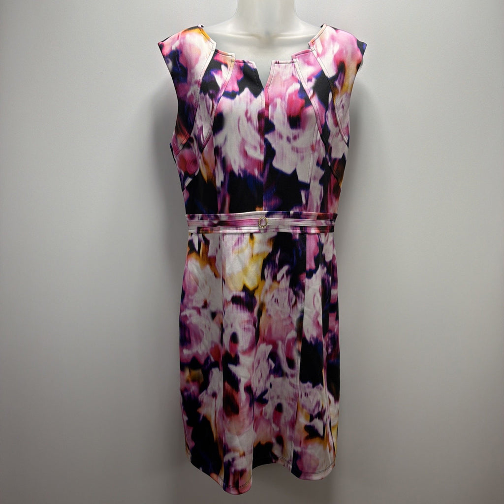 Ellen Tracy Abstract Floral Cap Sleeve Sheath Dress 10 Multicolor Stretch Lined