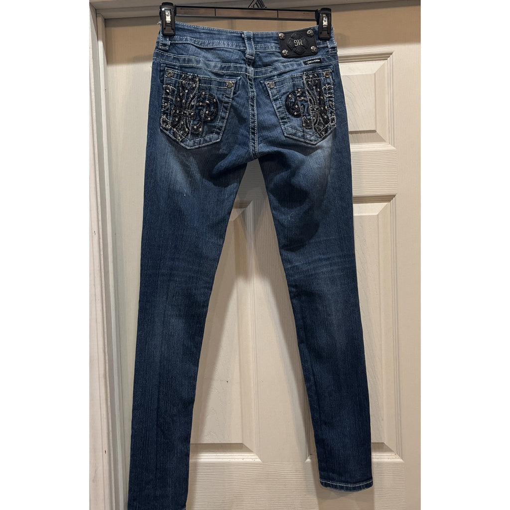 Miss Me Embroidered Rhinestone Fleur de Lis 5 Pocket Skinny Jeans Size 27 29x31