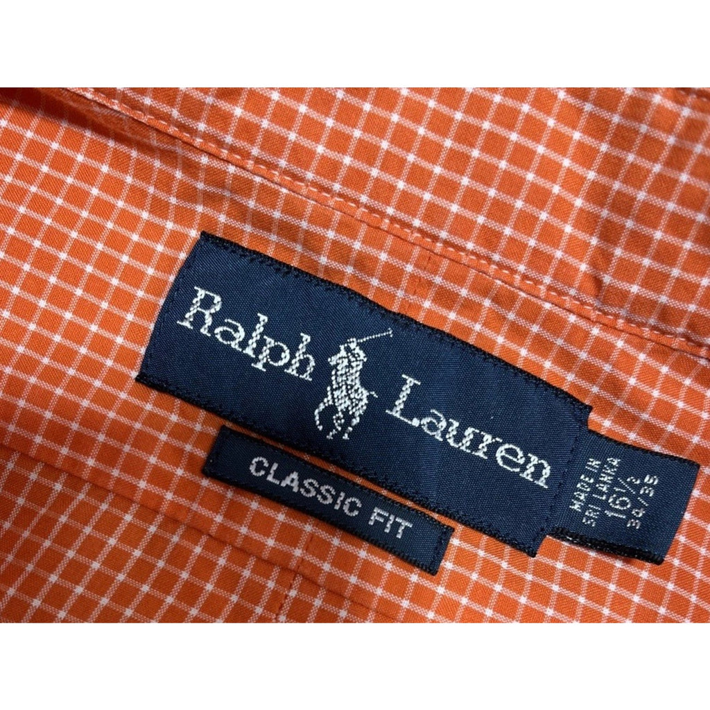 Ralph Lauren Classic Fit Orange Gingham Plaid L/S Button Shirt 100% Cotton Sz L
