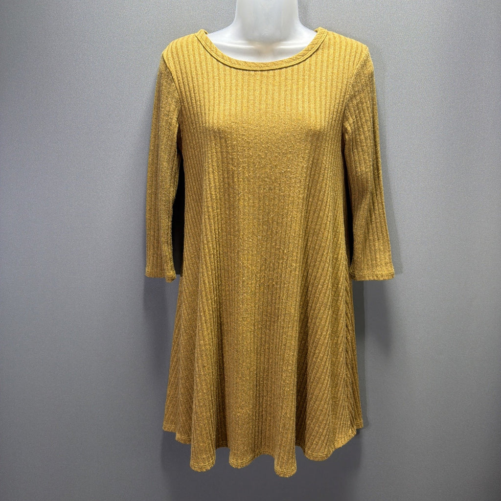 Pinc Womens Tan Round Neck 3/4 Sleeve Ribbed Knit Mini Dress M Stretch USA