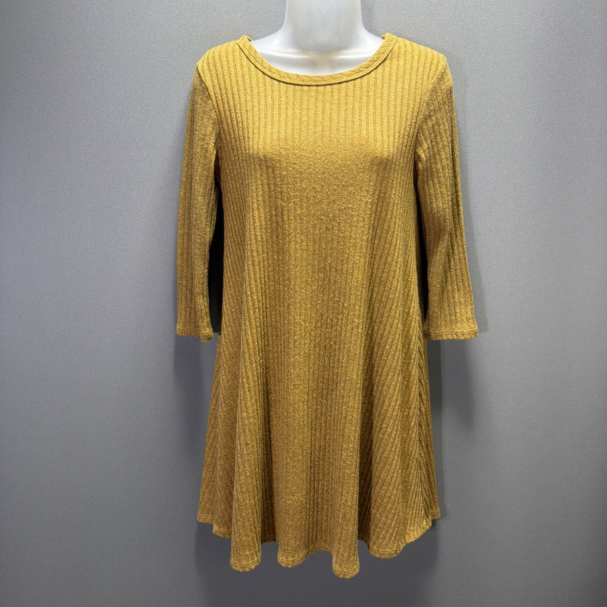 Pinc Womens Tan Round Neck 3/4 Sleeve Ribbed Knit Mini Dress M Stretch USA