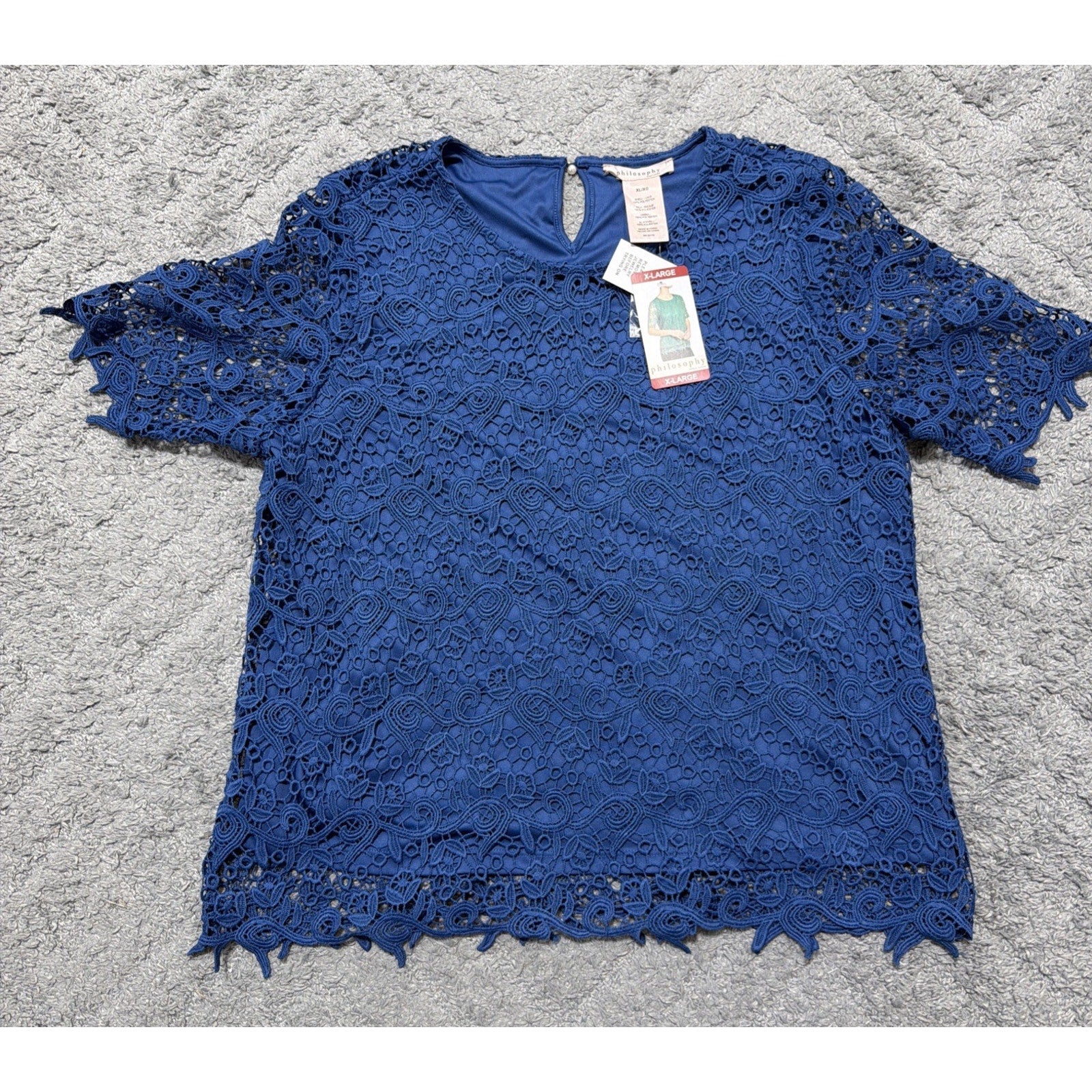 NWT Philosophy XL Blue Lace Short Sleeve Blouse Lined Pearl Button Closure