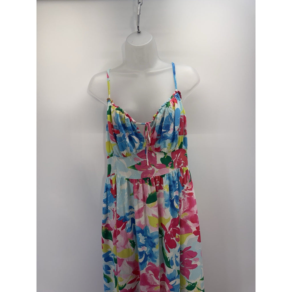 OLD NAVY Fit & Flare Floral Smocked Midi Cami Dress Pink Blue Watercolor Women L