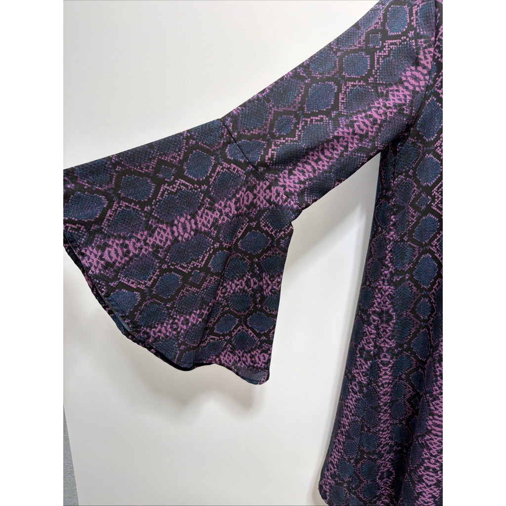 Peach love Purple Snakeskin Print dress Long Sleeves V-neck lined Dress Size S