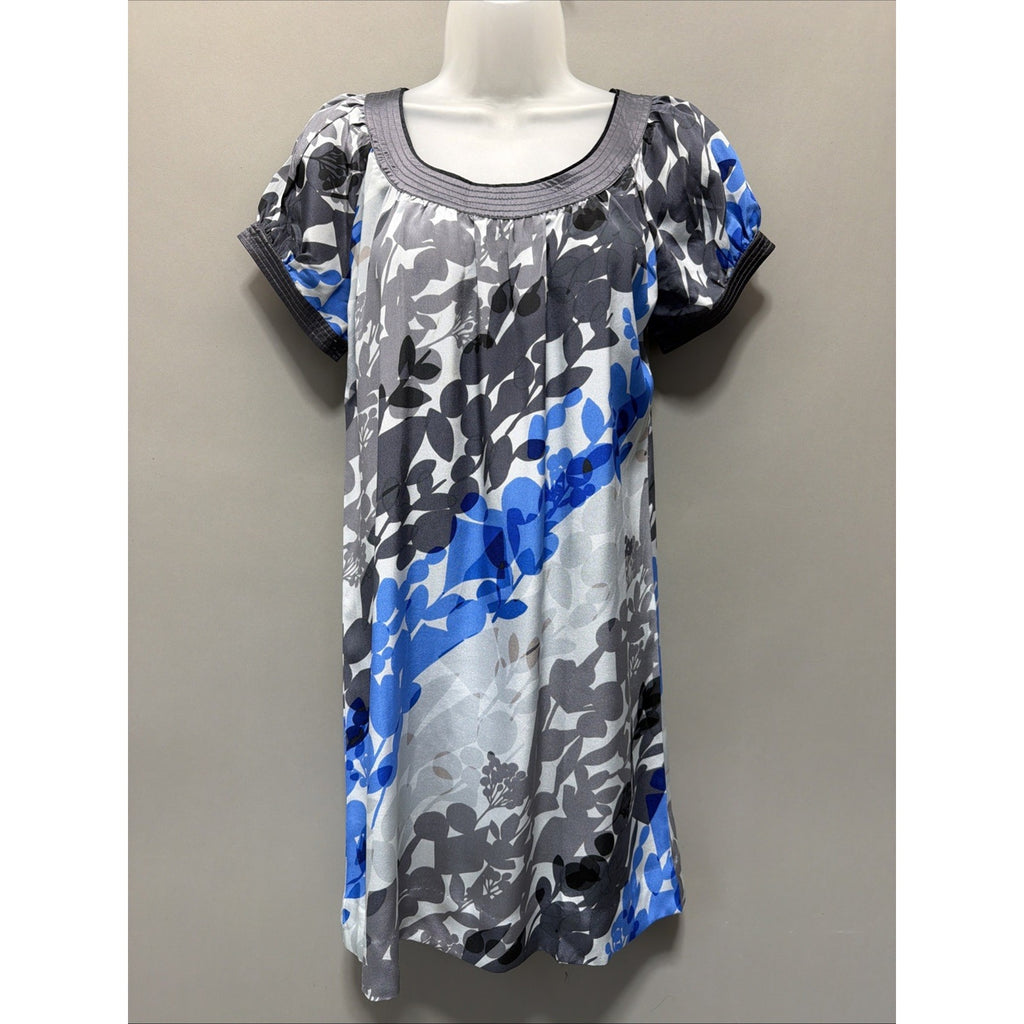 Anthro Moulinette Soeurs Silk Floral Tunic Dress Blue Gray XS Short Sleeve
