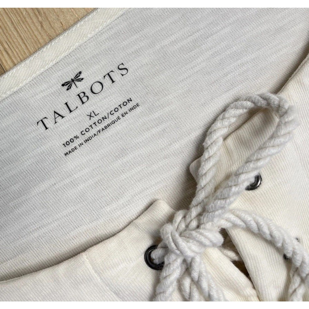 Talbots Cream Drop Shoulder nautical lace up neckline long sleeve cotton top XL