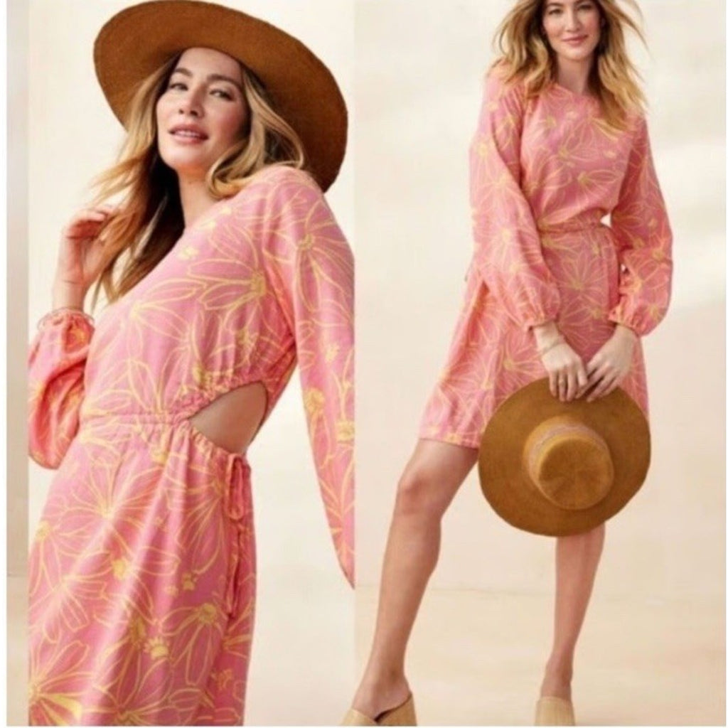 Universal Thread Pink Floral Linen Long Sleeve Cutout Fit Flare Dress M NWT Pock
