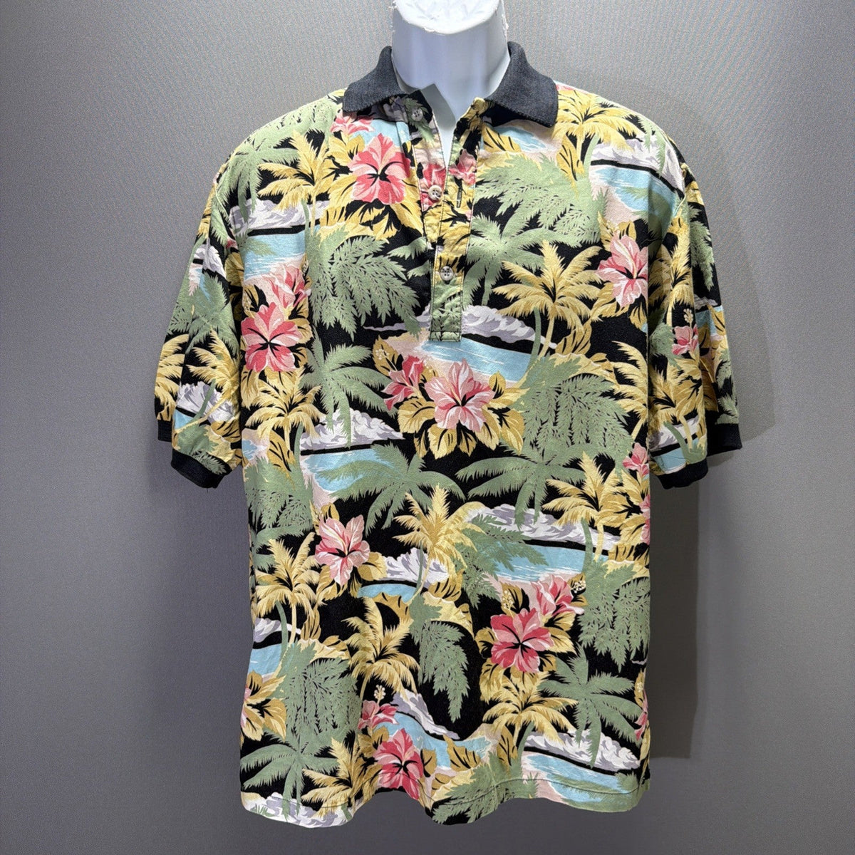 Cooke Street Polo Shirt Mens Medium Black Hawaiian Floral Cotton Knit Top