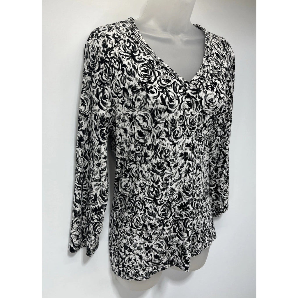 Talbots Women’s Size Large Black/White Floral Long Sleeve V-neck