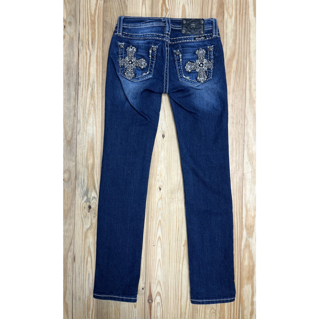 Miss Me Jeans Youth 12 Blue Denim Skinny Rhinestones Studs Dark Wash Women 25x29