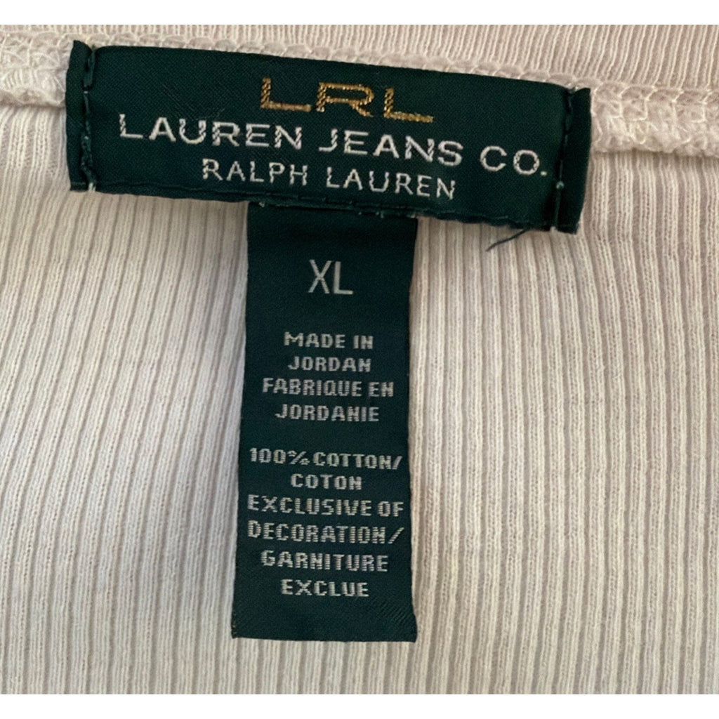 LRL Lauren Jeans Co. Ribbed Top Womens XL Ivory Suede Elbow Patches Y2K Vtg