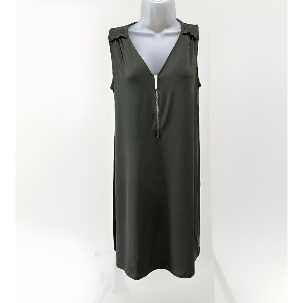 MICHAEL KORS SLEEVELESS V-NECK ZIP OLIVE GREEN STRETCH SHIFT DRESS SIZE S