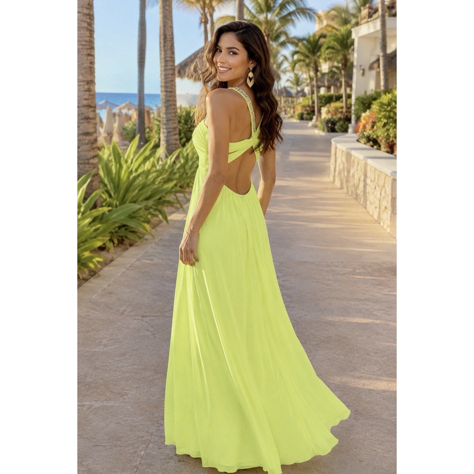 Vintage Triangle Neon Yellow Beaded Maxi Dress Womens Size M Backless Formal