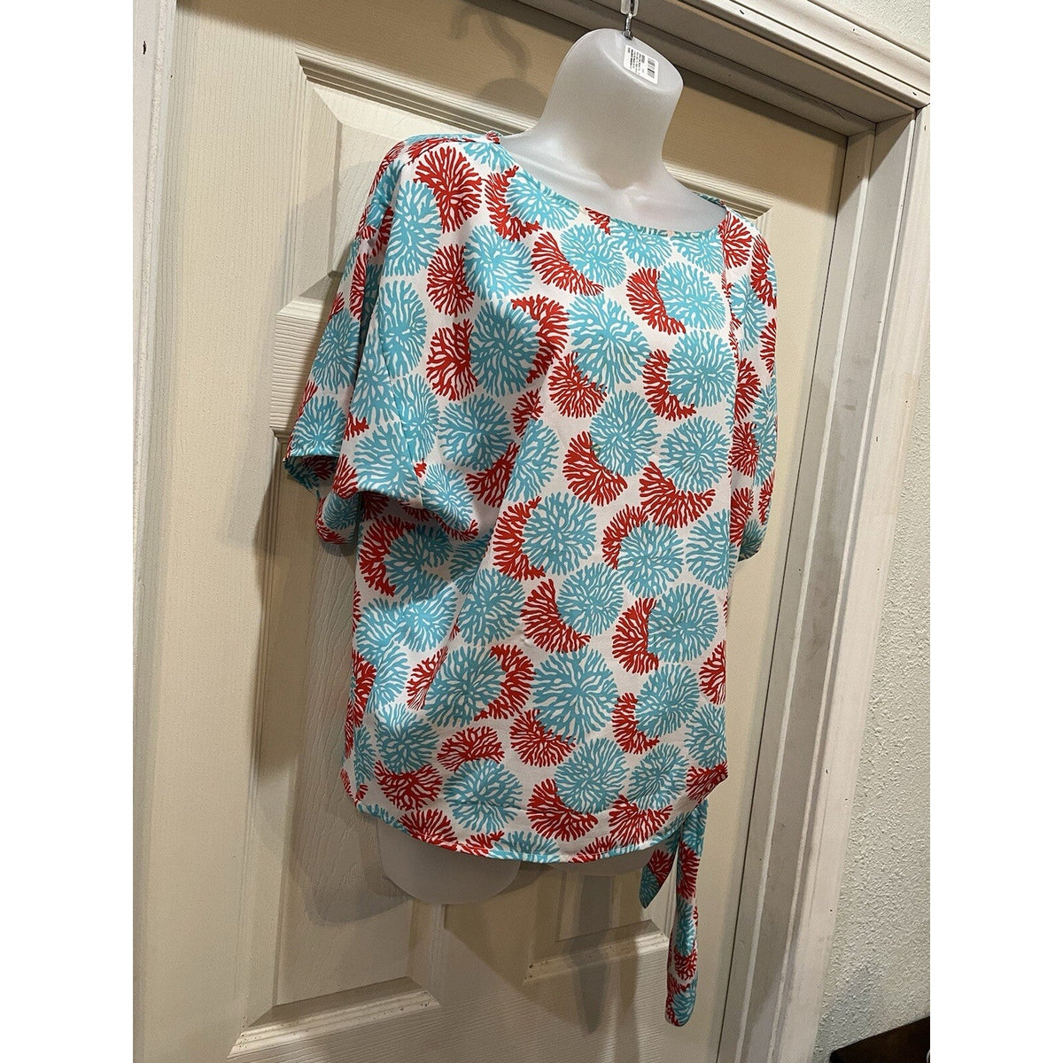Michael Kors McKenna Top Short Sleeve Side Tie Coral Aqua Boat Neck Women's Smal