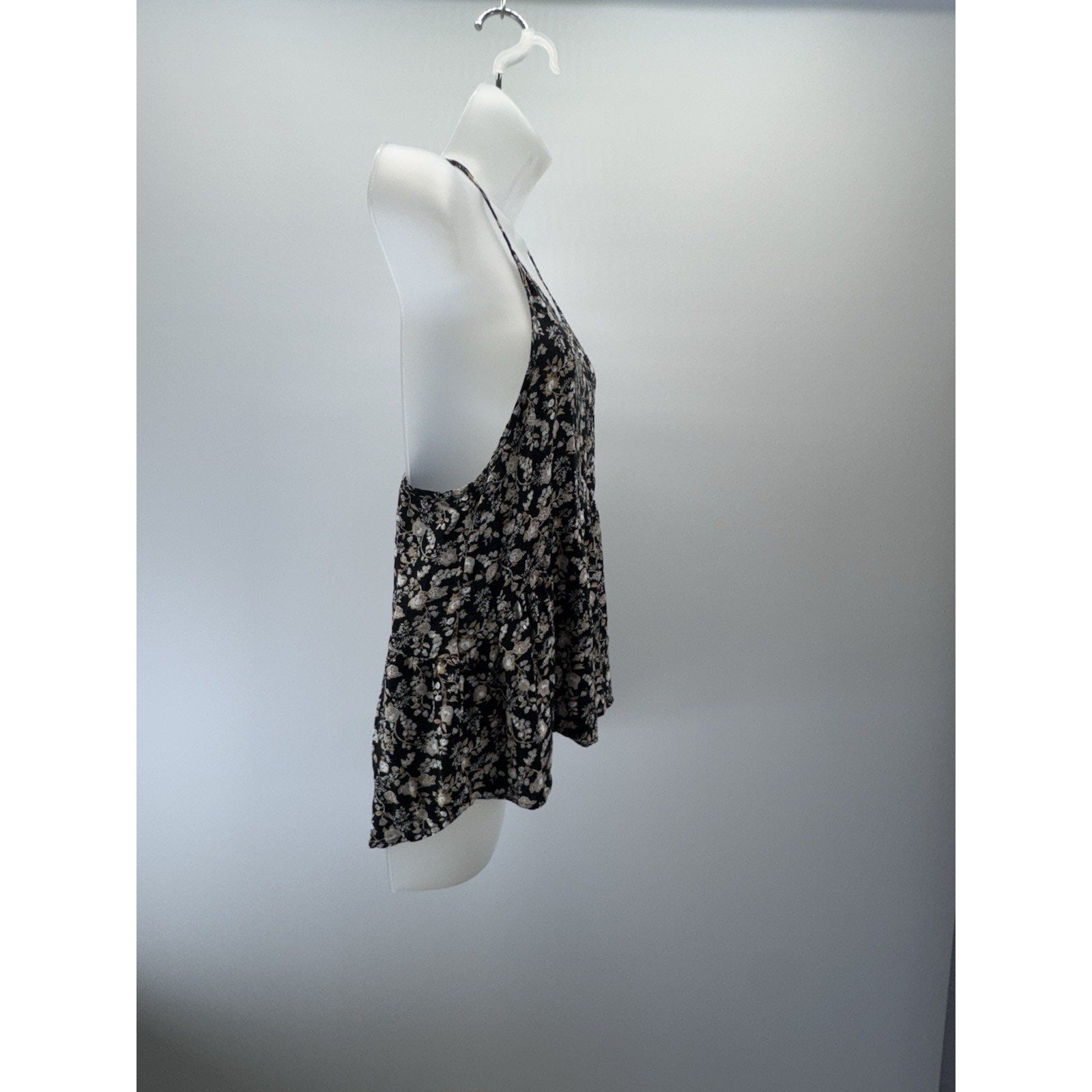American Eagle Halter Tank Top Black Floral Peplum Gold Sleeveless Women’s Med
