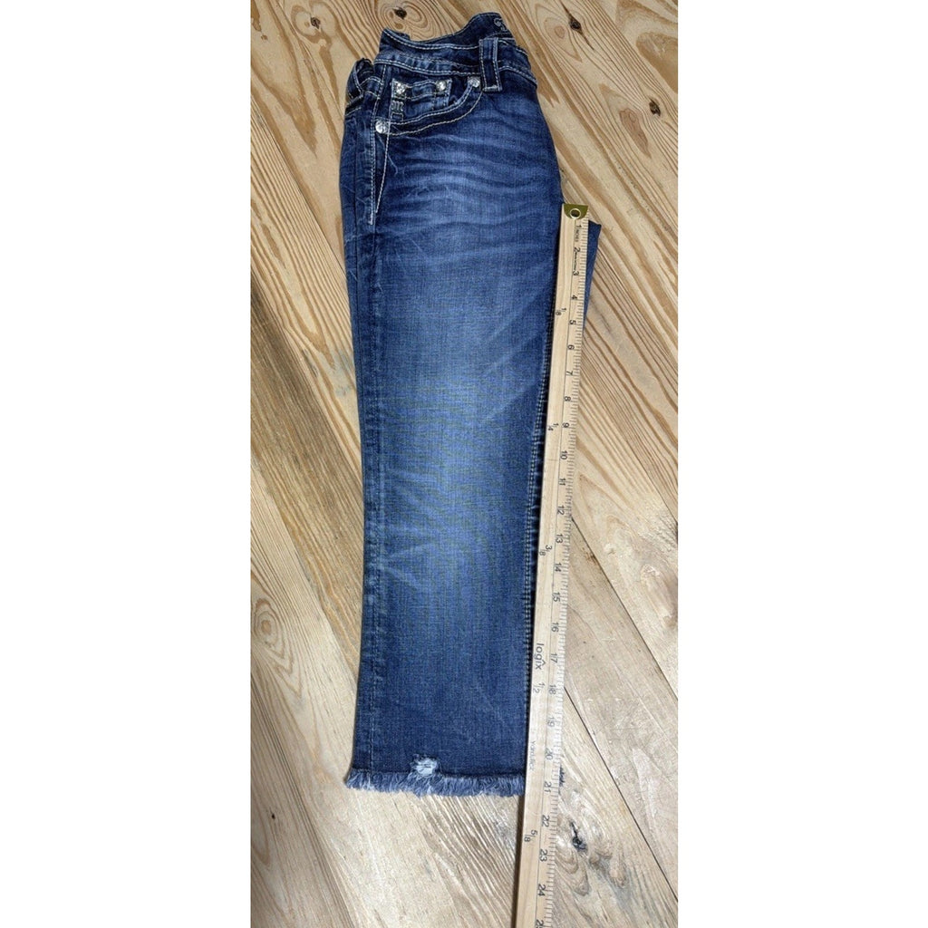 Miss Me Jeans Women's 26 Raw Hem Capri Mid-Rise Blue Stretch Denim