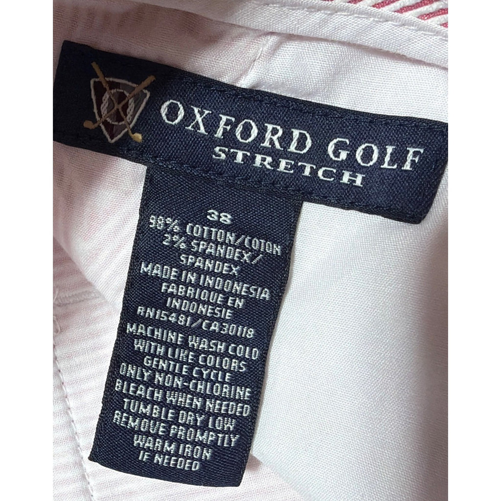 Oxford Golf Pink White Stripe Seersucker Chino Shorts Flat Front Stretch Sz 38