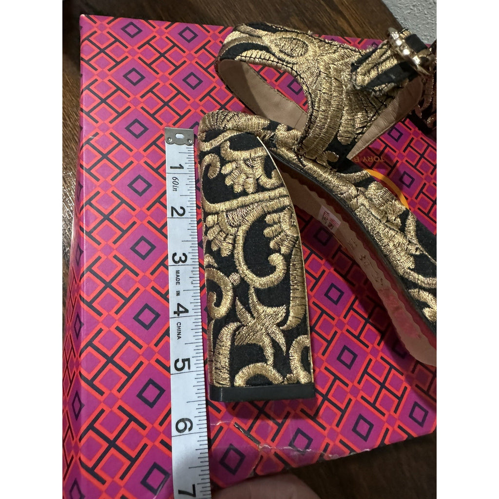 Tory Burch Loretta Embroidered Platform Sandals Black/gold 6.5 NWB