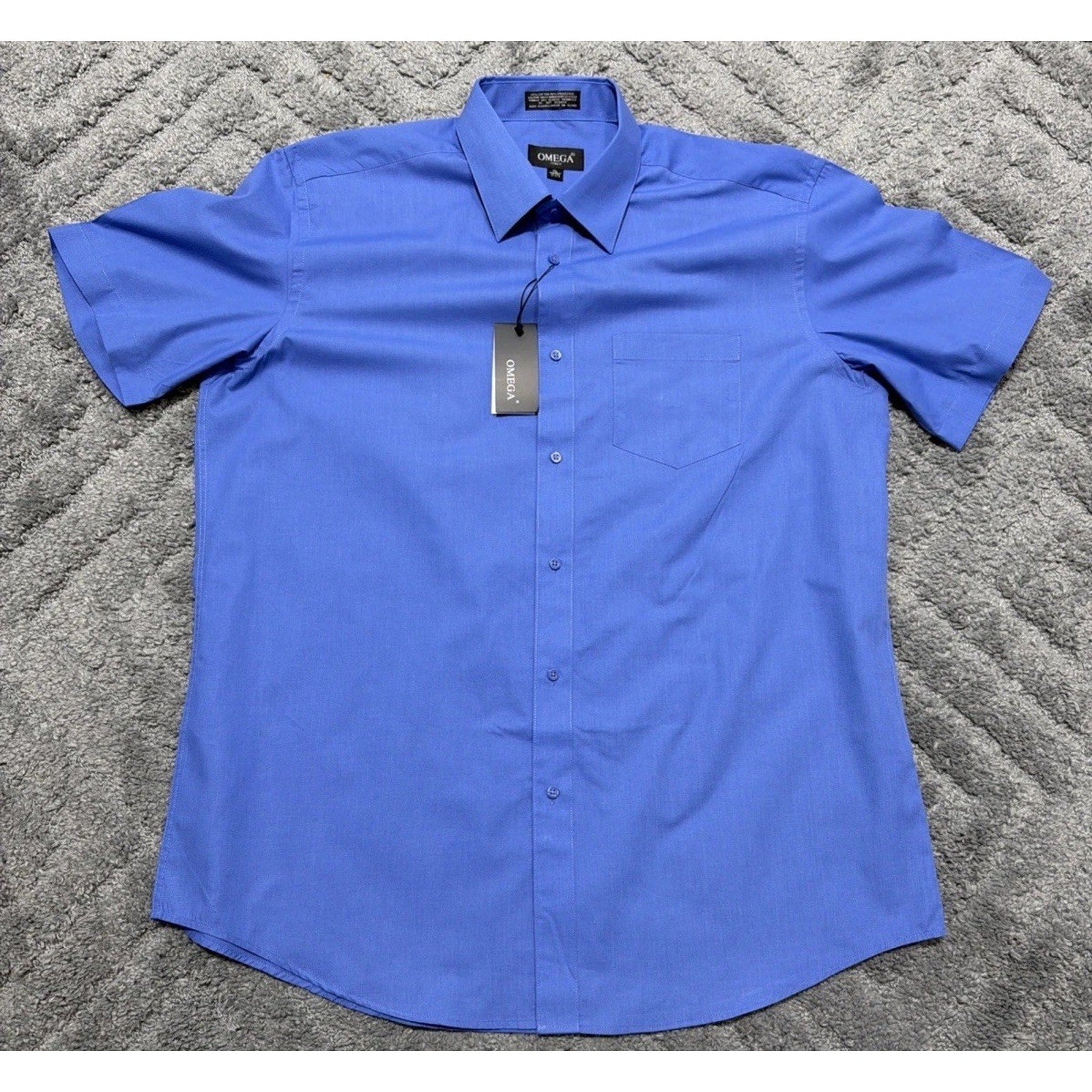 Men's Dress Shirt Button Down OMEGA Italy Designer Short Sleeve XL Blue