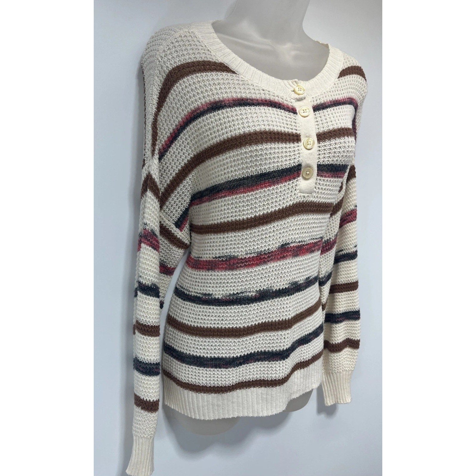 American Eagle Cream Striped Open Knit Relaxed Henley Sweater XS